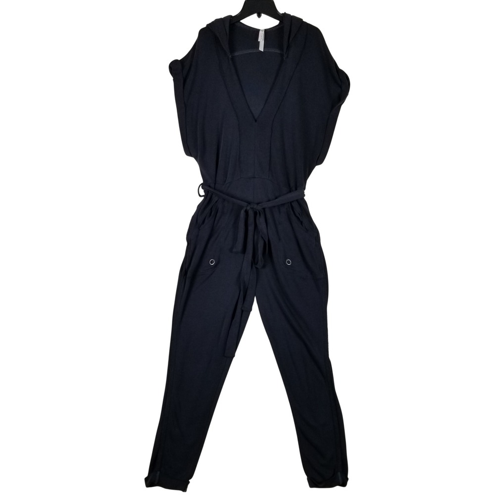 FP Movement Jumpsuit Women XS Black Hooded V-Neck Drawstring Waist Modal Blend